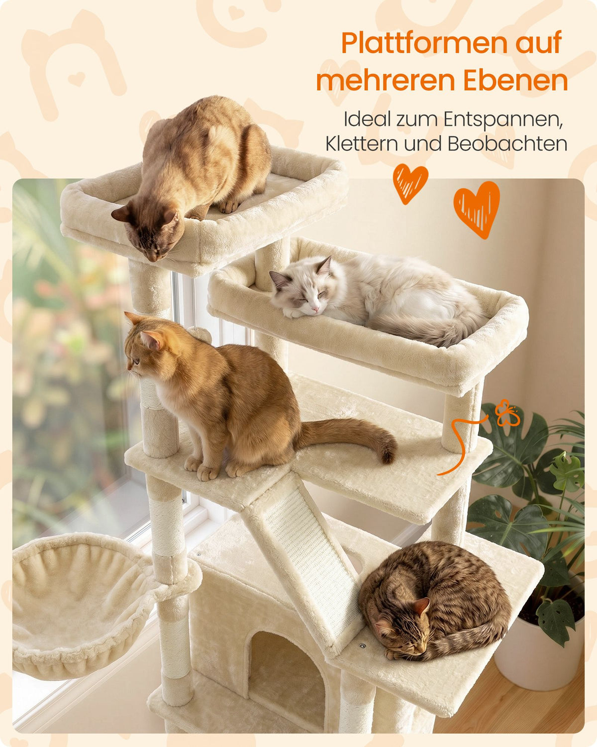 Grote Kattenboom – 184,5 cm – 7 Krabpalen – 2 Holen – Hangmat en 2 Ligplekken – Zandbeige