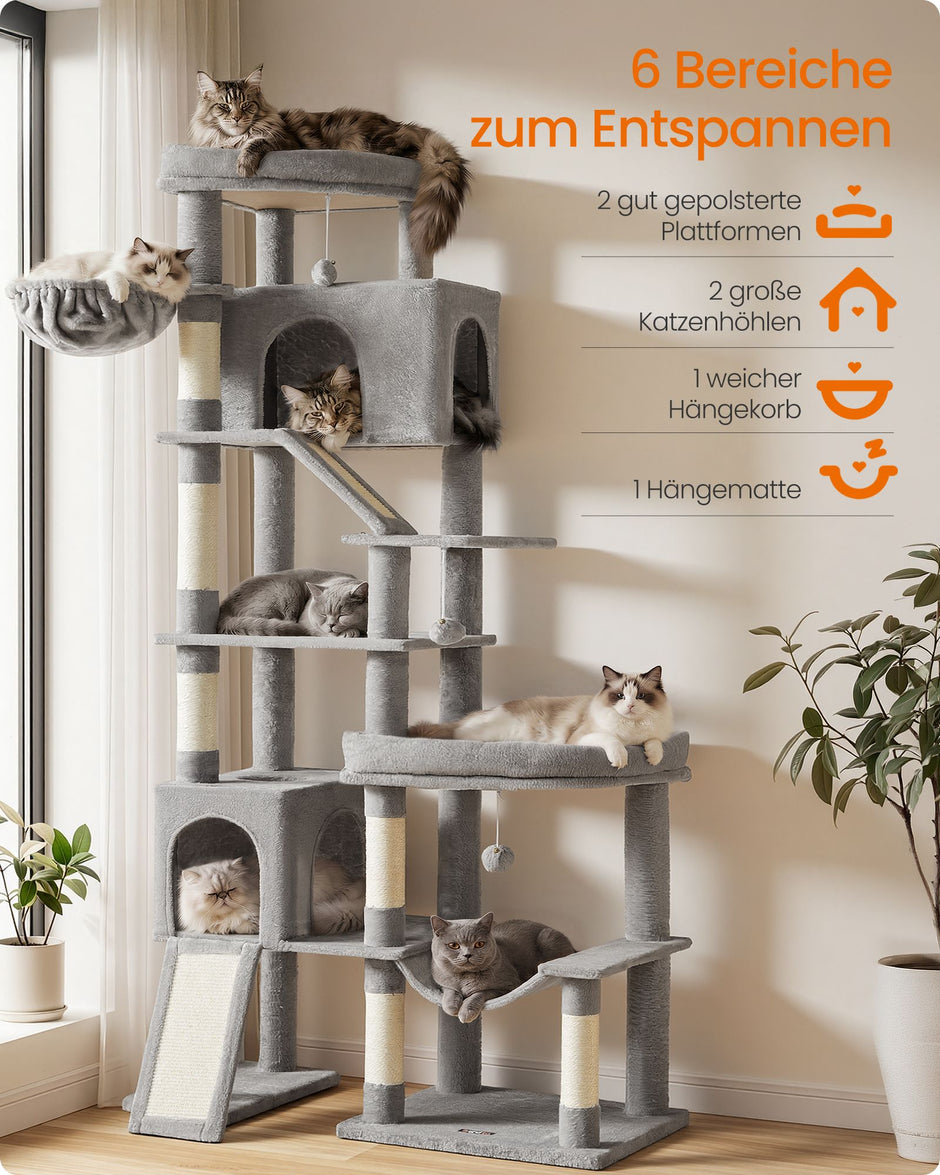 Krabpaal - Met Sisalstammen en Rustplateaus - Voor Grote Katten - Lichtgrijs - 105 x 45 x 202 cm