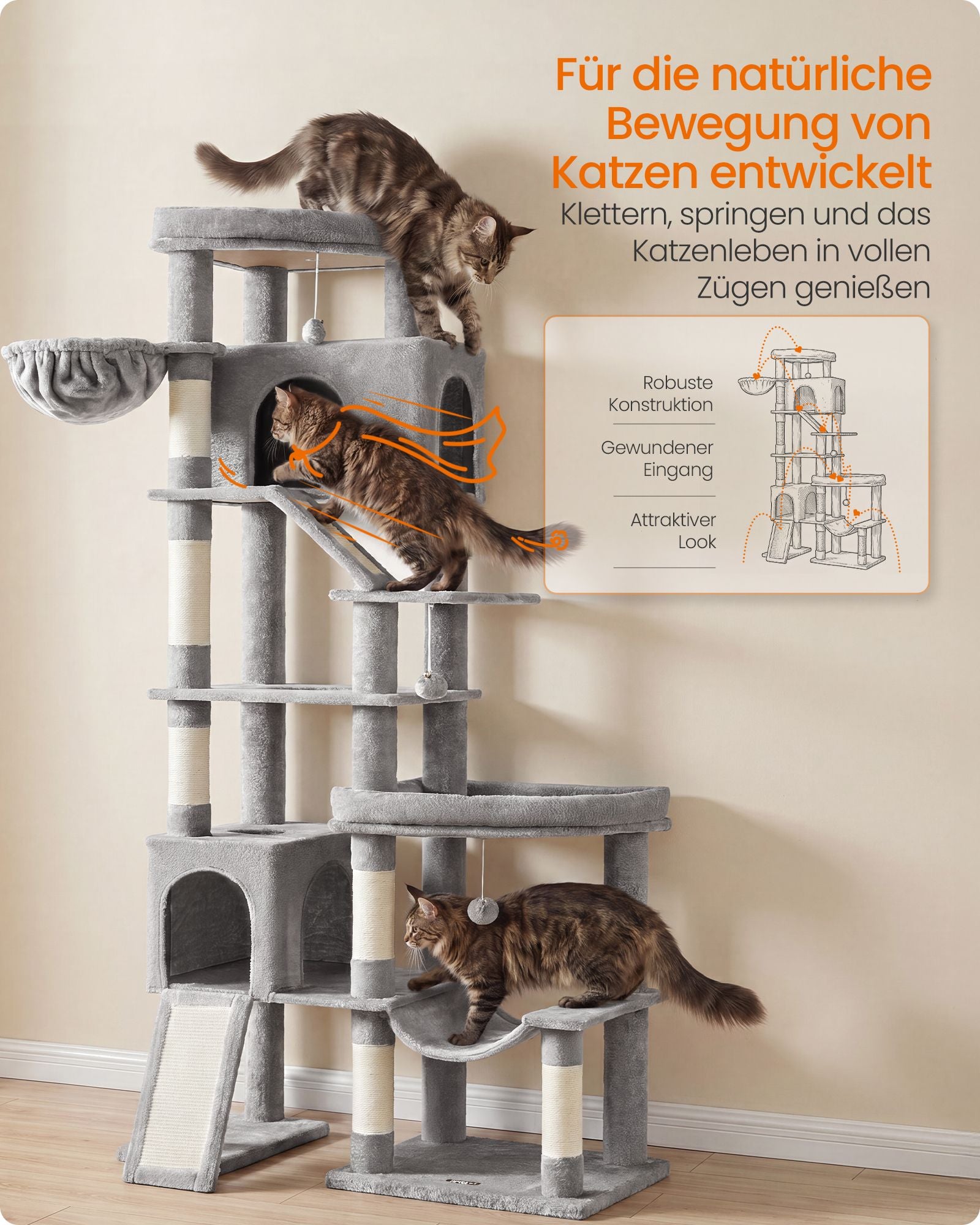 Krabpaal - Met Sisalstammen en Rustplateaus - Voor Grote Katten - Lichtgrijs - 105 x 45 x 202 cm