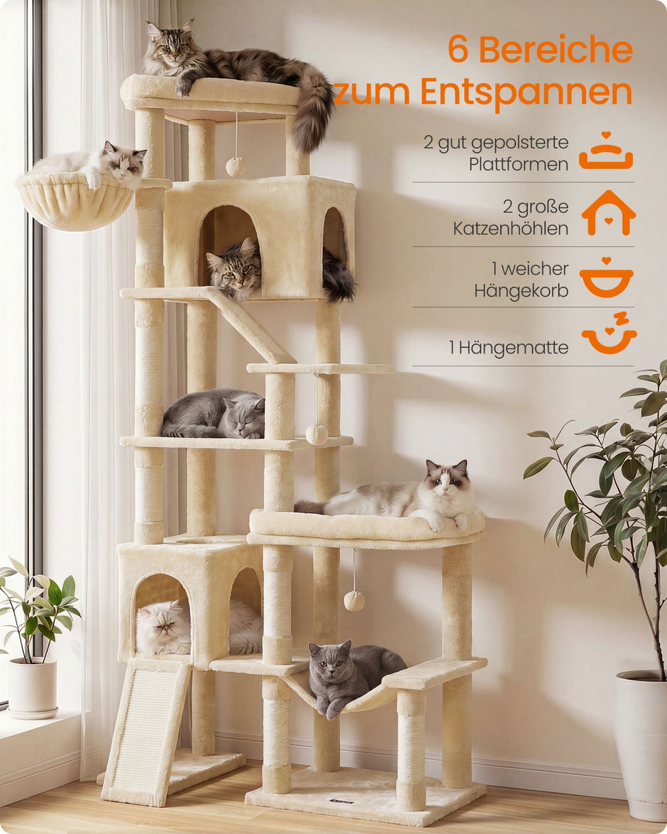 Krabpaal - Met Sisalstammen en Rustplateaus - Voor Grote Katten - Beige - 105 x 45 x 202 cm
