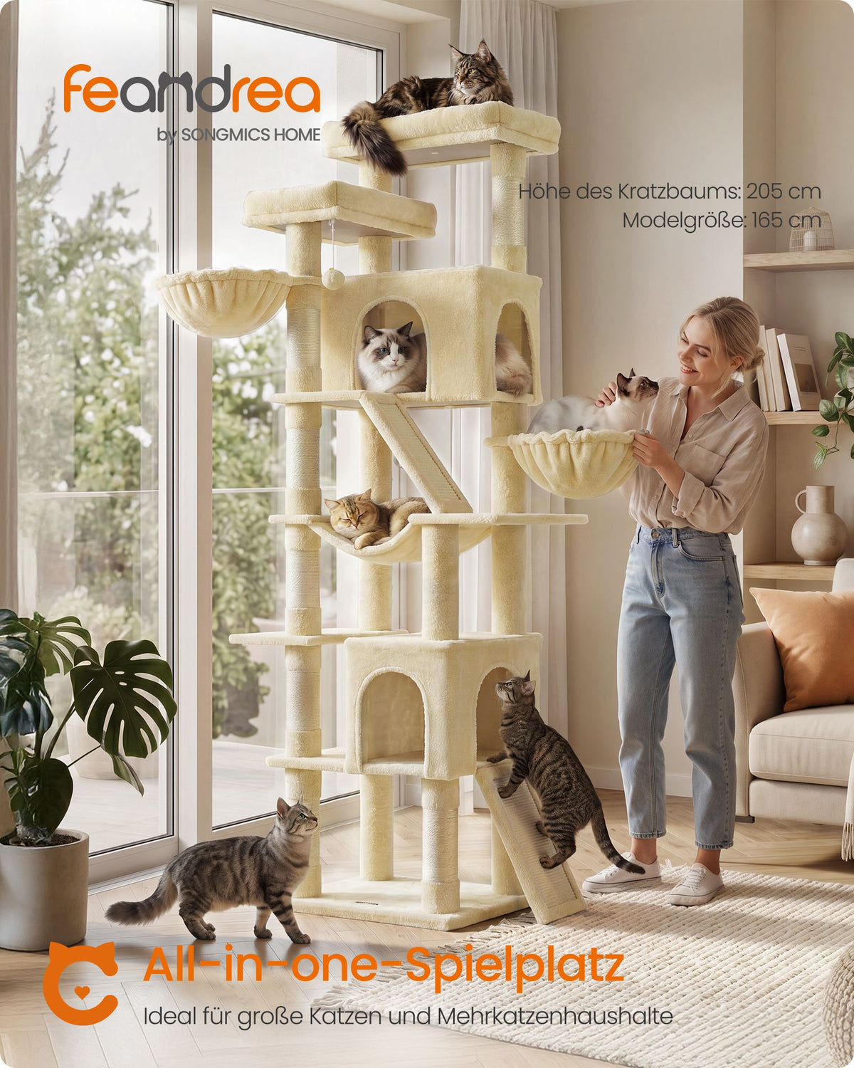 Krabpaal - Met Sisalstammen en Rustplateaus - Voor Grote Katten - Beige - 55 x 45 x 206 cm