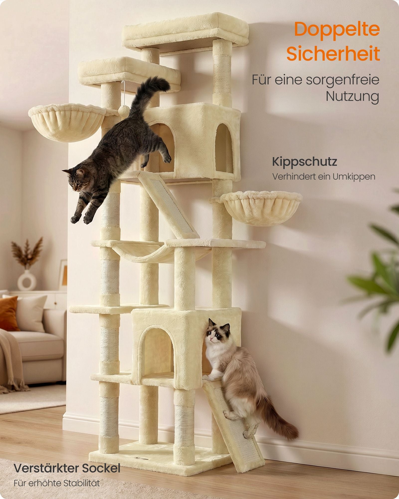 Krabpaal - Met Sisalstammen en Rustplateaus - Voor Grote Katten - Beige - 55 x 45 x 206 cm