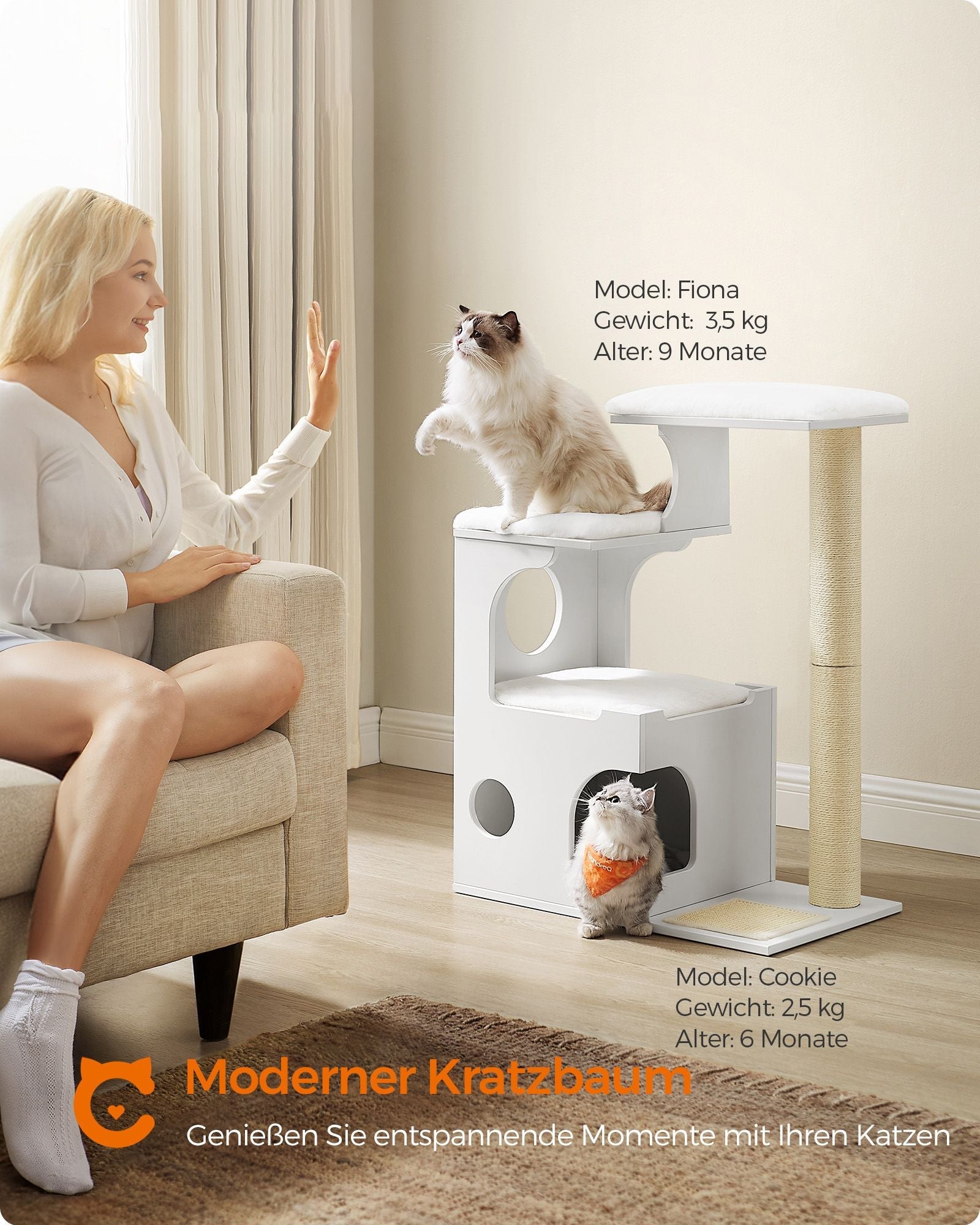 Kattenkrabpaal – Klimboom met ligvlakken en grot – Bruin-Wit