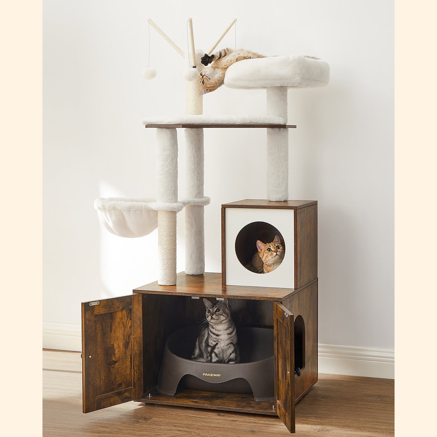 Krabpaal – 2-in-1 met kattenbak kast – Vintage bruin