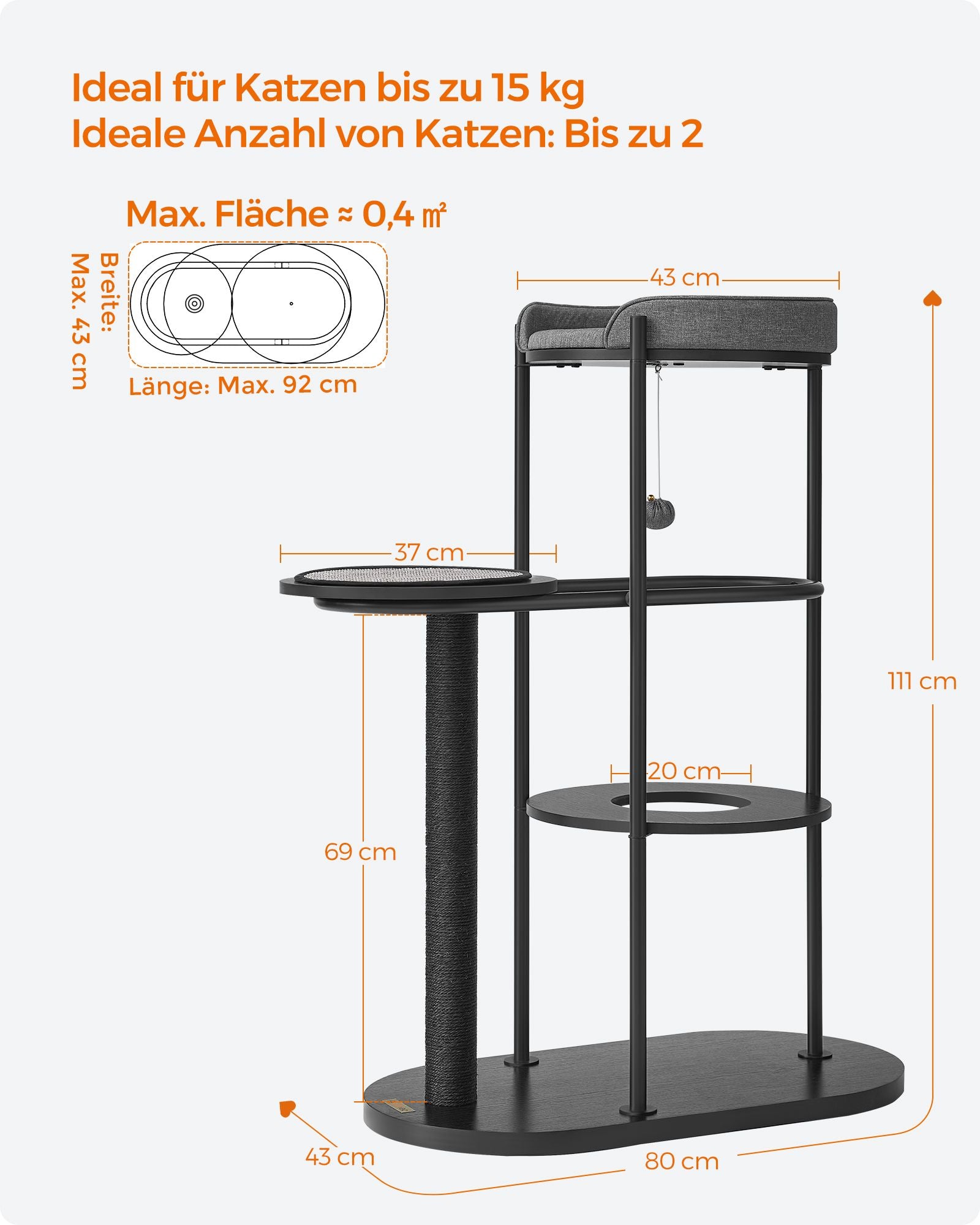 Krabpaal – 111 cm hoog – klassieke zwarte sisalstam