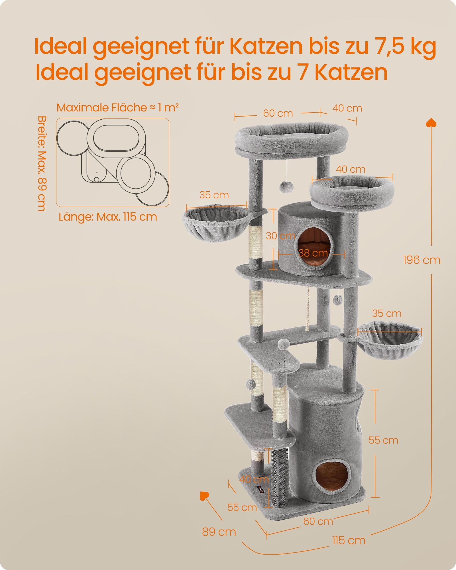 Grote Krabpaal met Platforms – Pluche en Sisal – Lichtgrijs