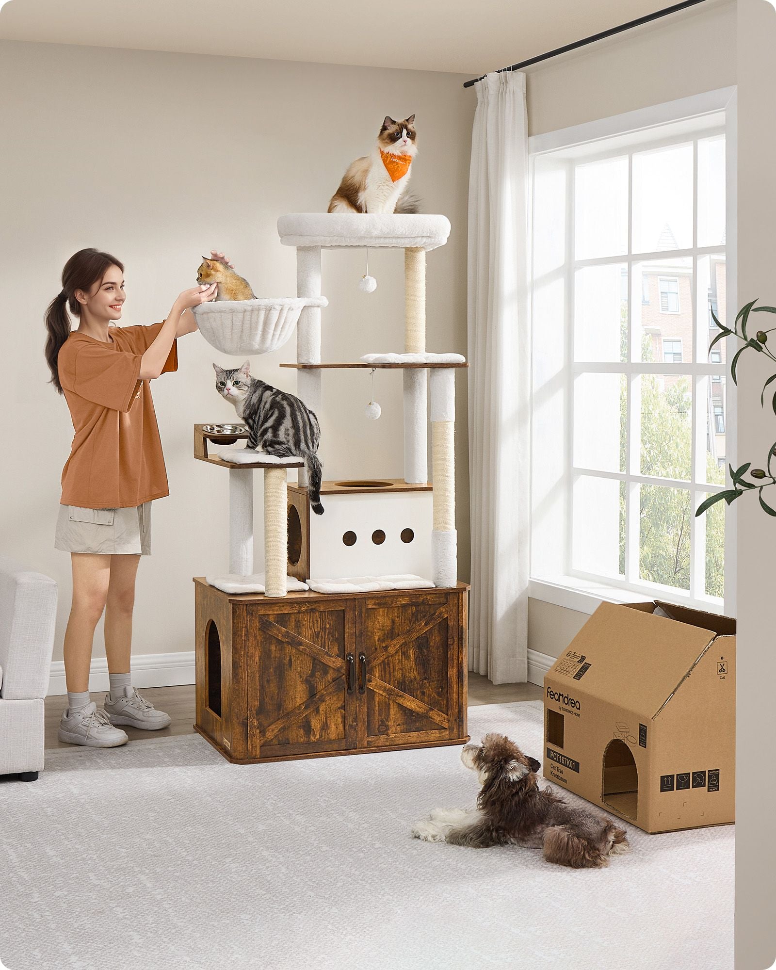 Krabpaal 170 cm hoog met kattenbakkast vintagebruin