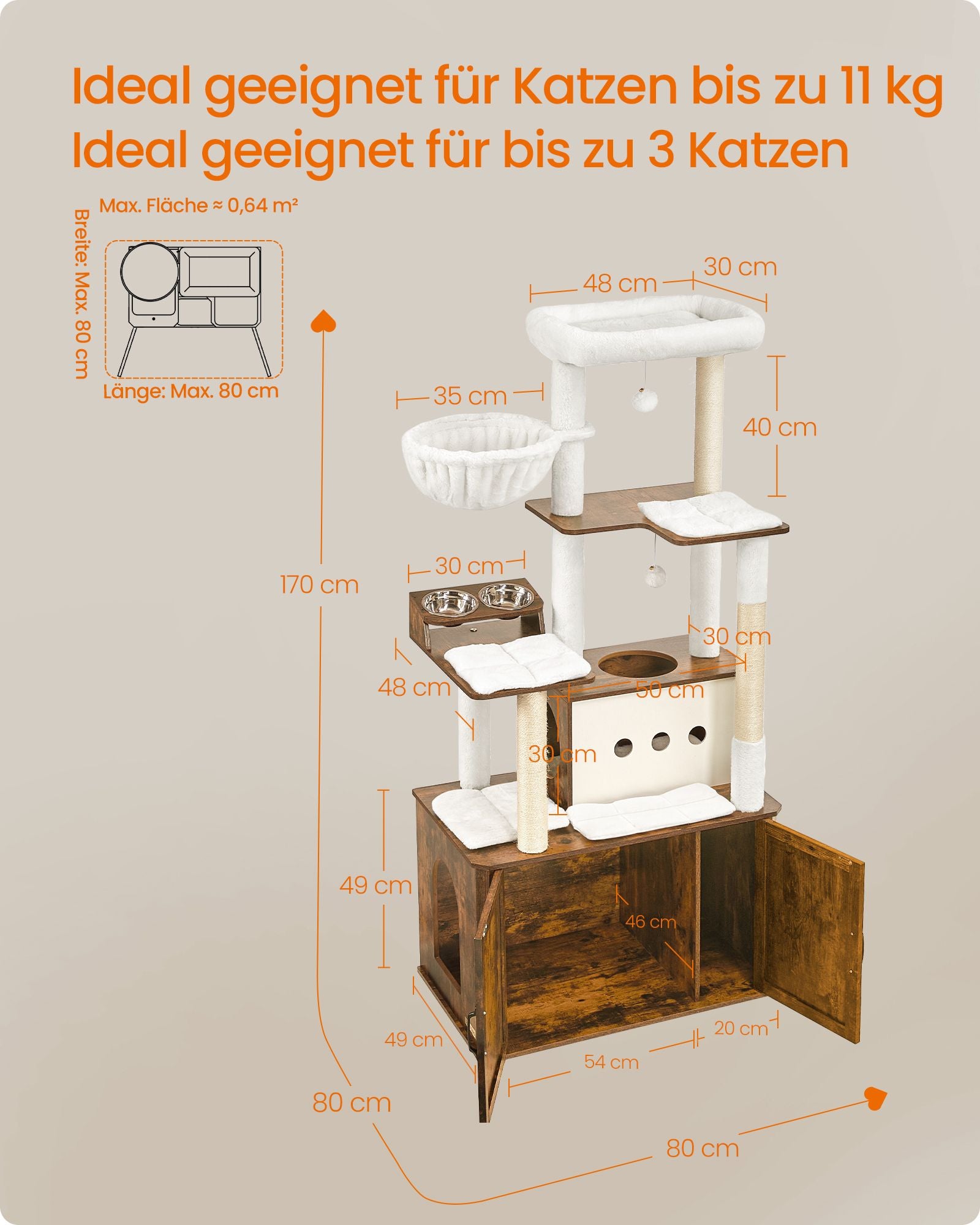 Krabpaal 170 cm hoog met kattenbakkast vintagebruin