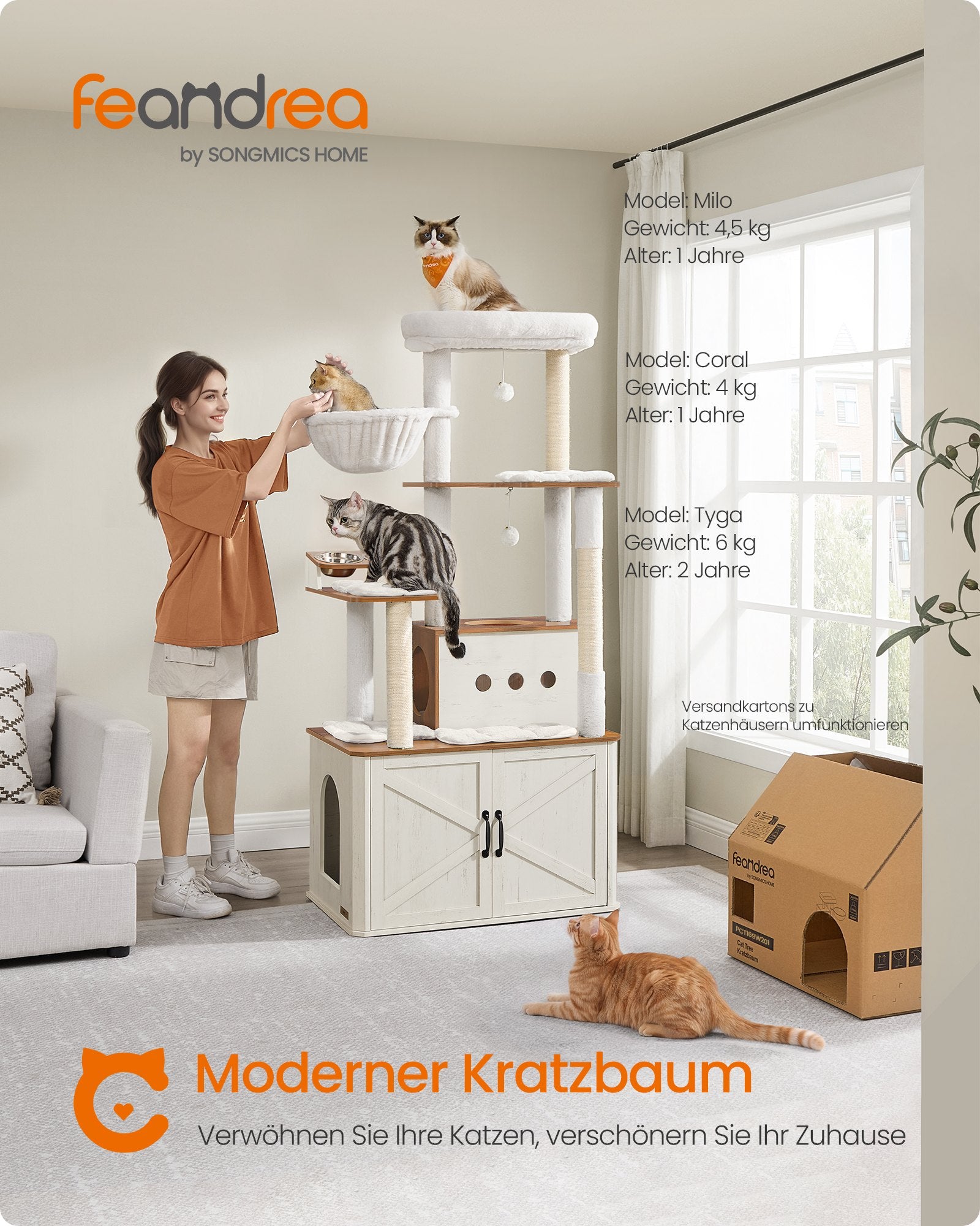 Krabpaal - 170 cm - Met Grot en Hangmat - Sisalpalen - Honingbruin-Vintage Wit