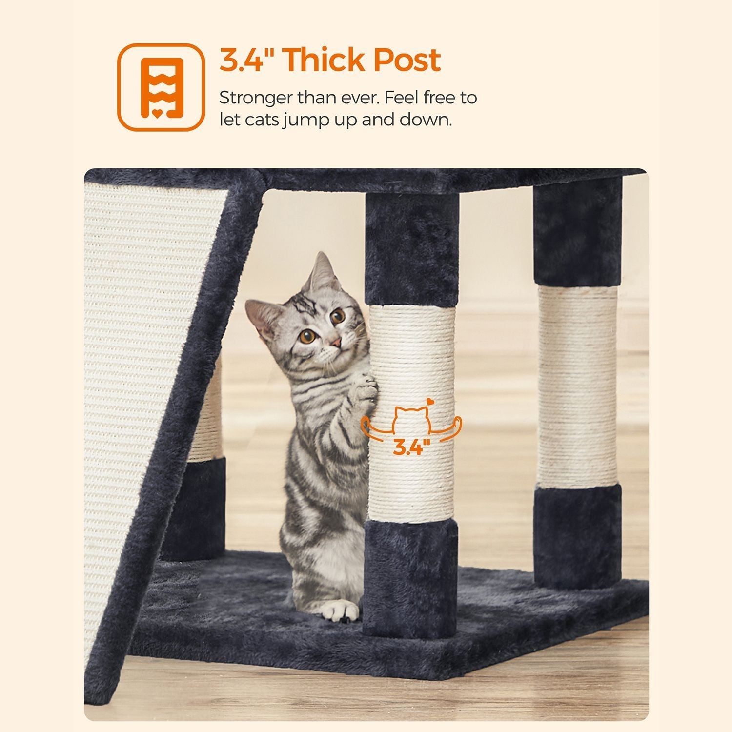 Krabpaal XXL – 3 platformen en 2 grotten – 172 cm – rookgrijs