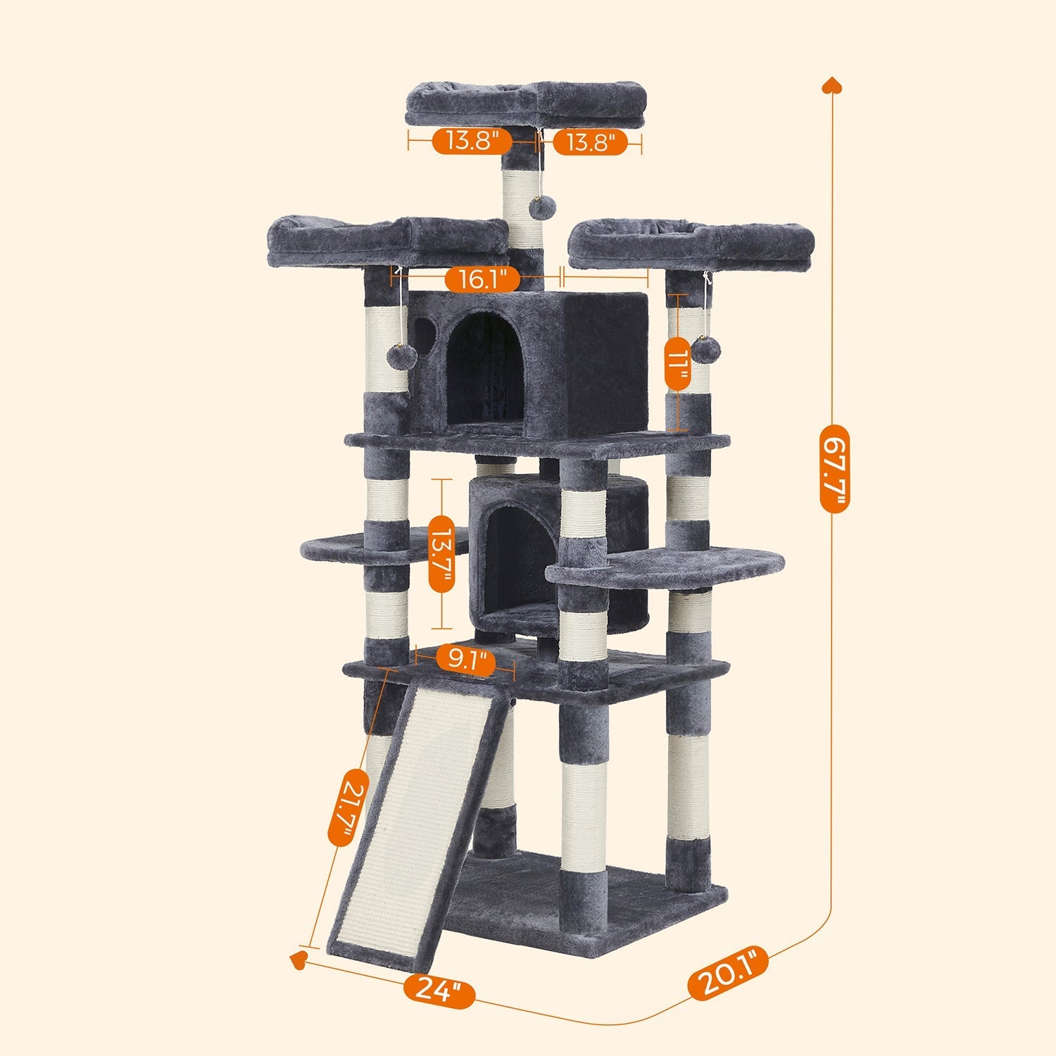 Krabpaal XXL – 3 platformen en 2 grotten – 172 cm – rookgrijs