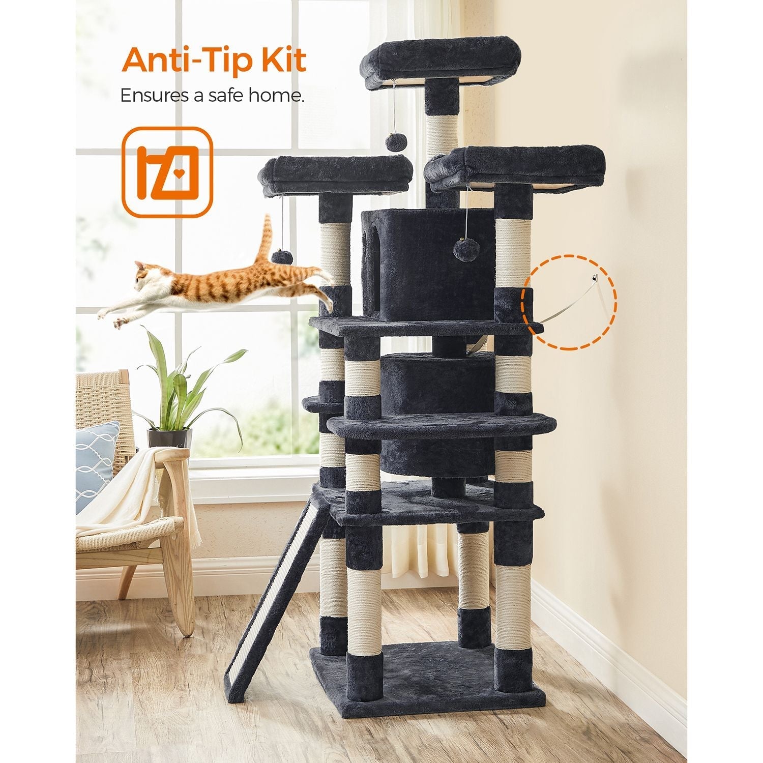 Krabpaal XXL – 3 platformen en 2 grotten – 172 cm – rookgrijs