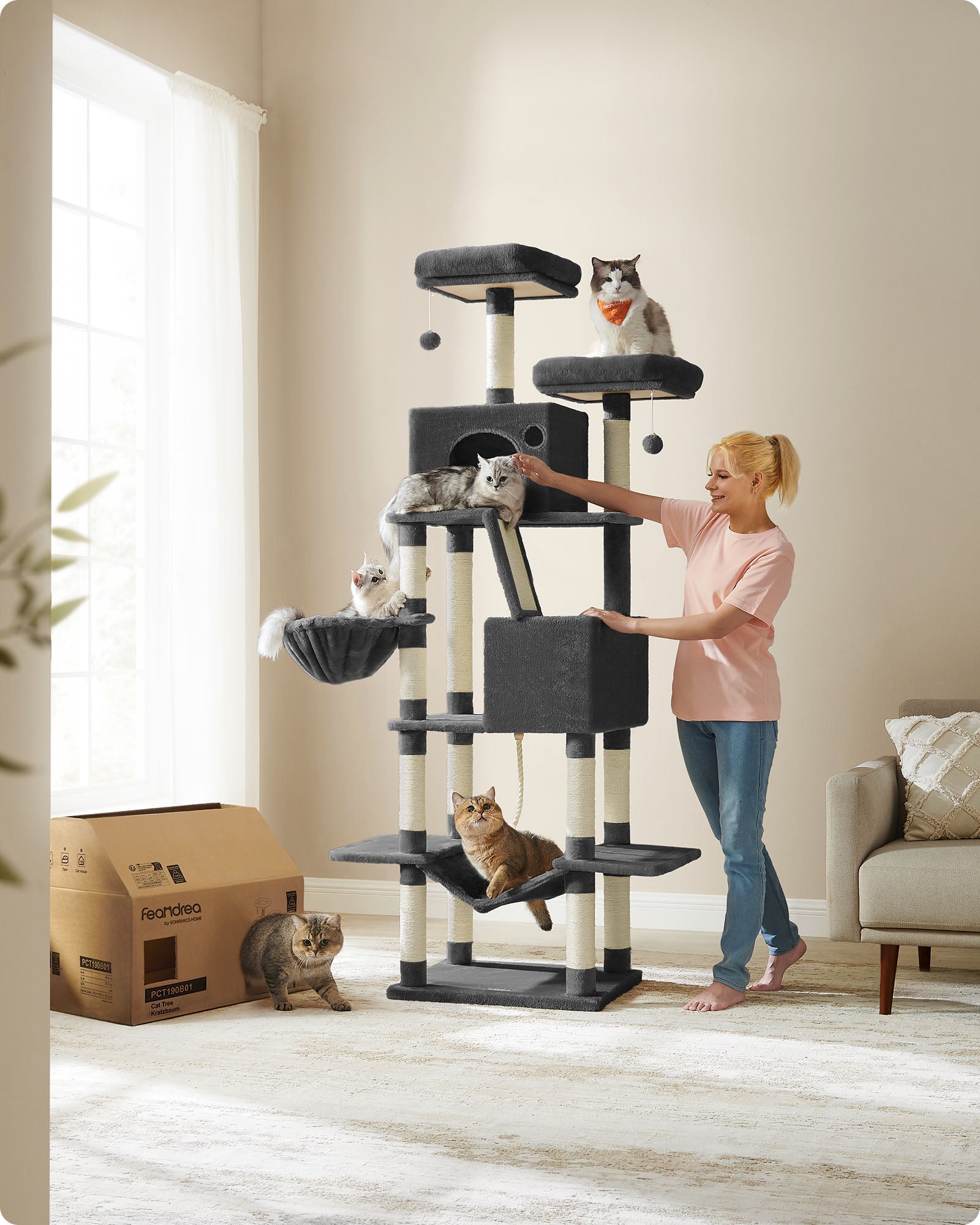 Grote krabpaal – 206 cm hoog – multi-level – inktzwart