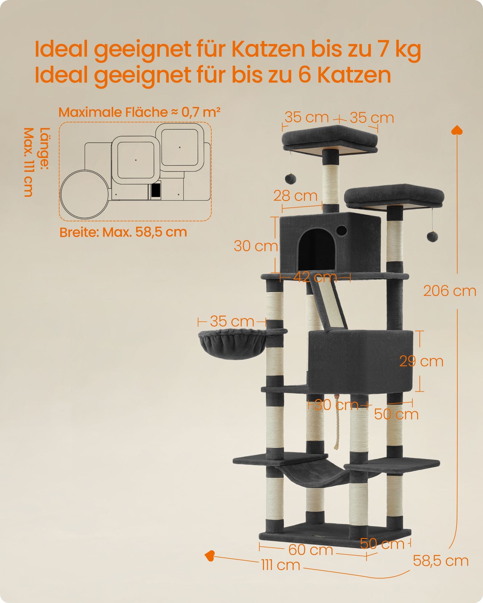 Grote krabpaal – 206 cm hoog – multi-level – inktzwart