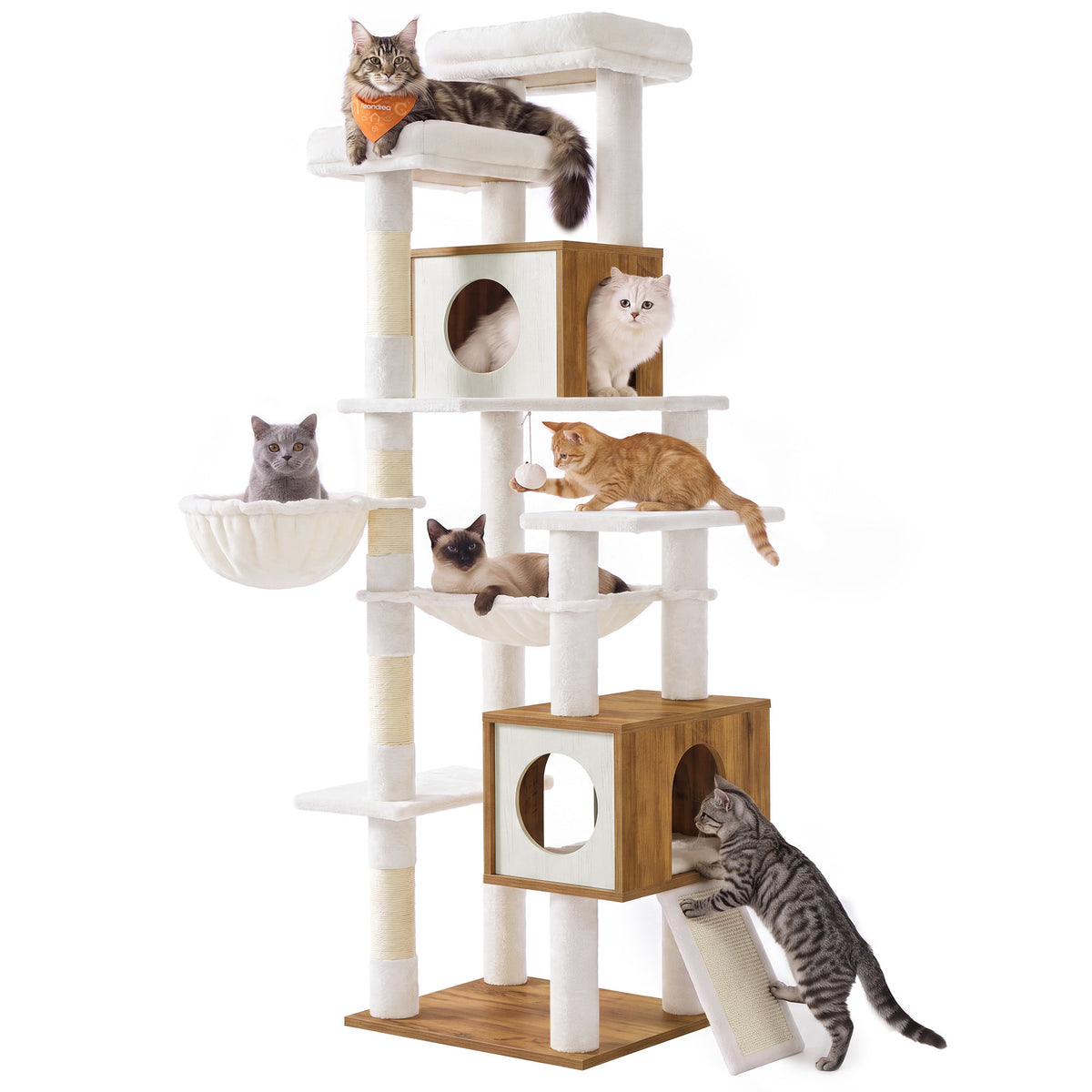 Kattenboom XXL – 193 cm – 8 Niveaus – Kattenhuis en Hol – Sisalstam – Honingbruin en Vintage Wit