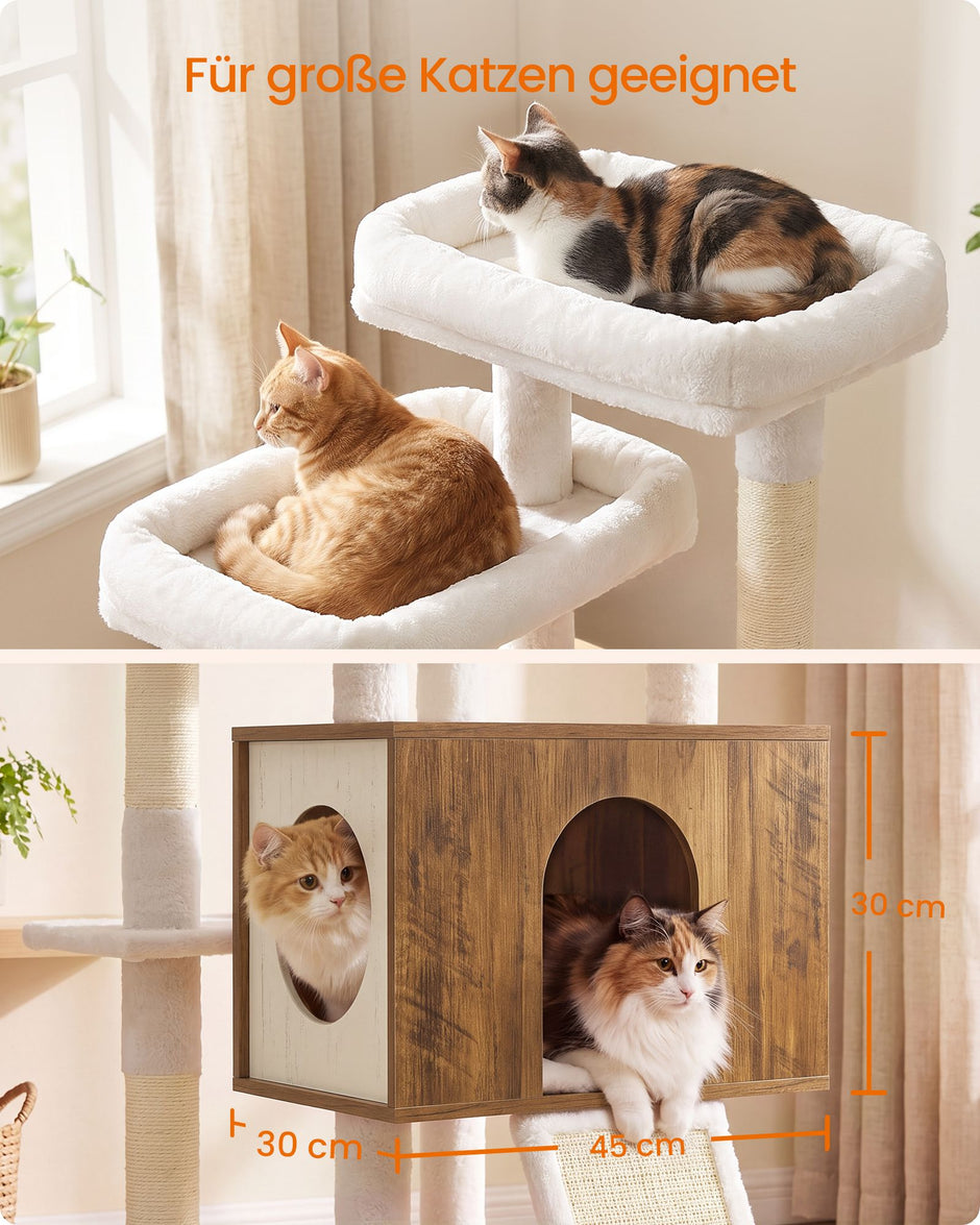 Kattenboom XXL – 193 cm – 8 Niveaus – Kattenhuis en Hol – Sisalstam – Honingbruin en Vintage Wit