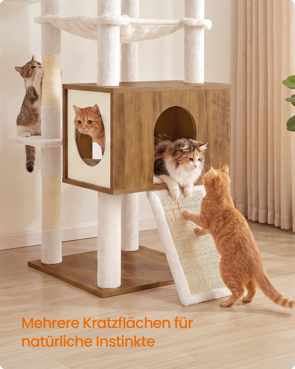 Kattenboom XXL – 193 cm – 8 Niveaus – Kattenhuis en Hol – Sisalstam – Honingbruin en Vintage Wit