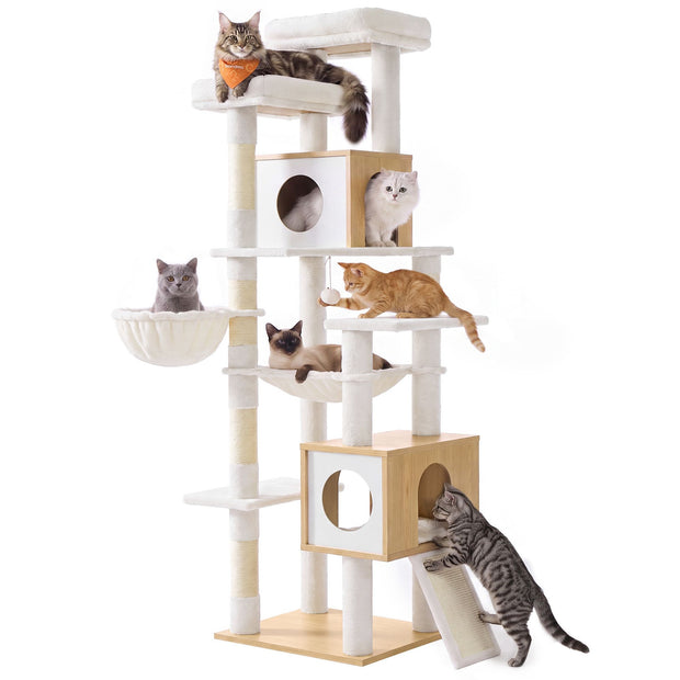 Kattenboom XXL – 193 cm – 8 Niveaus – Kattenhuis en Hol – Sisalstam – Eikenbeige en Wolkenwit