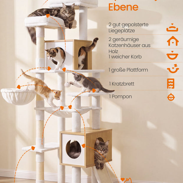 Kattenboom XXL – 193 cm – 8 Niveaus – Kattenhuis en Hol – Sisalstam – Eikenbeige en Wolkenwit