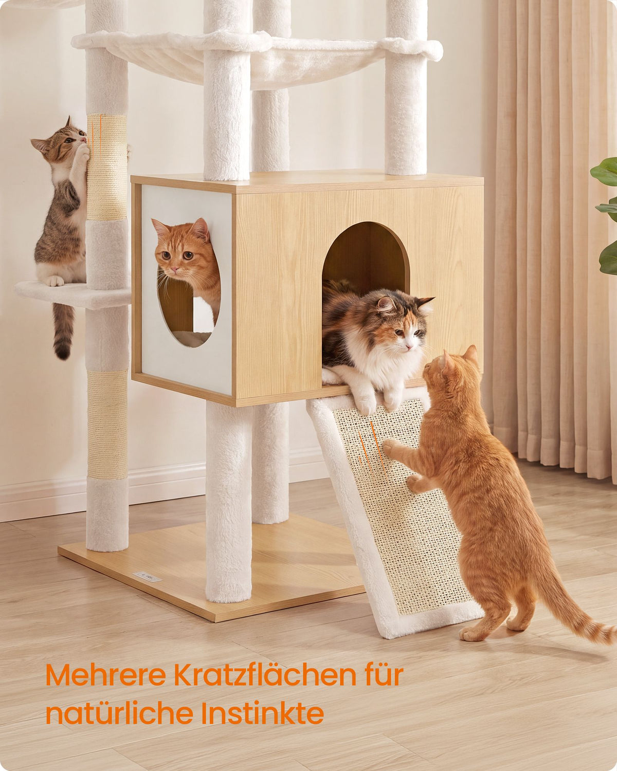 Kattenboom XXL – 193 cm – 8 Niveaus – Kattenhuis en Hol – Sisalstam – Eikenbeige en Wolkenwit