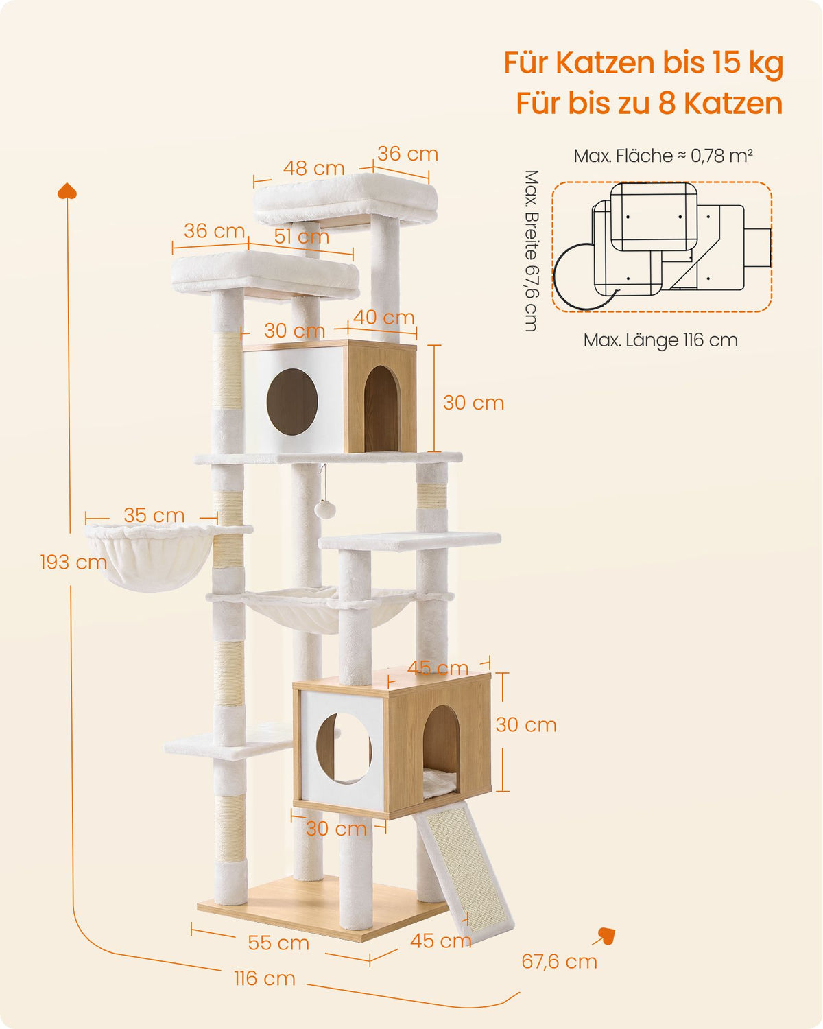 Kattenboom XXL – 193 cm – 8 Niveaus – Kattenhuis en Hol – Sisalstam – Eikenbeige en Wolkenwit