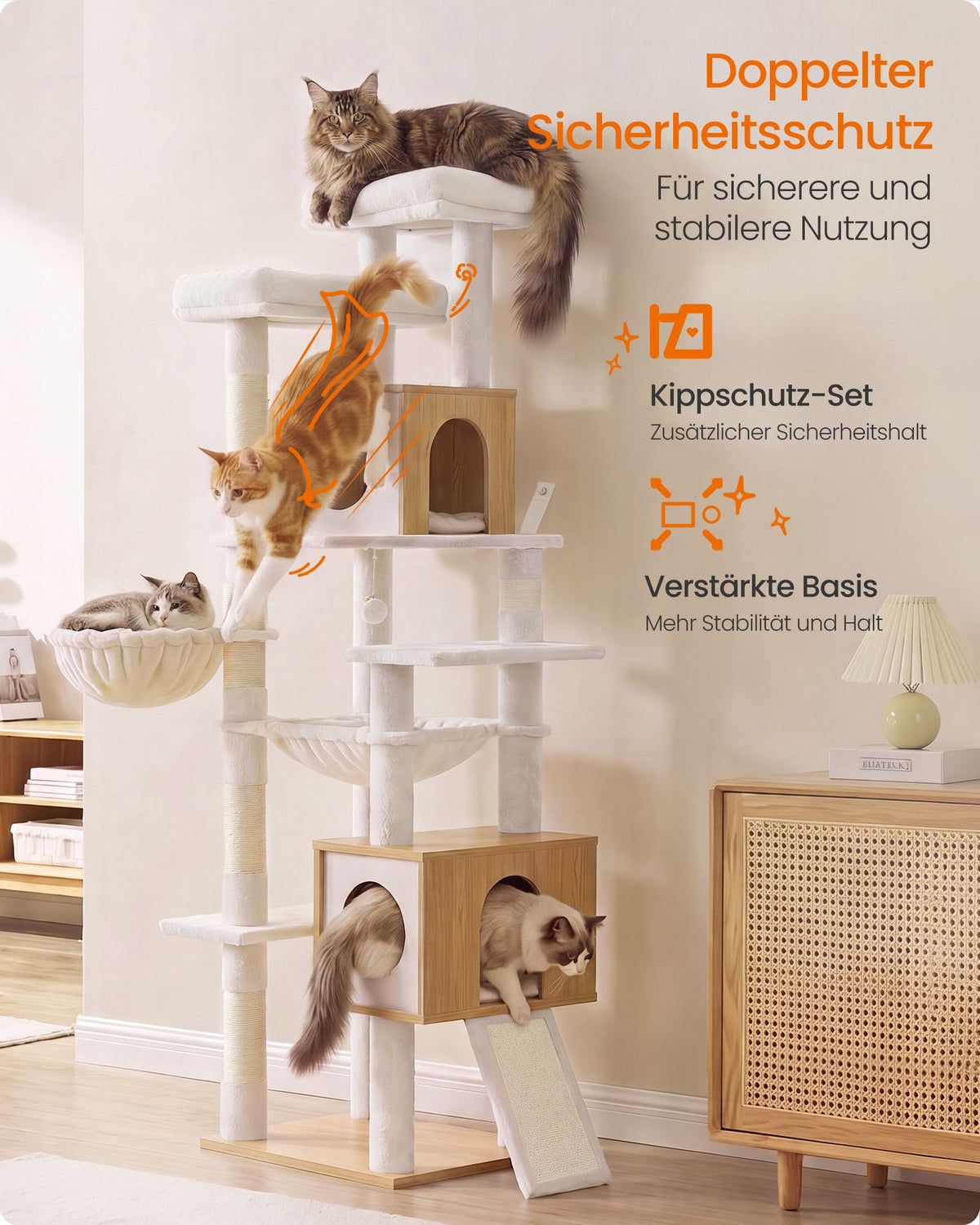 Kattenboom XXL – 193 cm – 8 Niveaus – Kattenhuis en Hol – Sisalstam – Eikenbeige en Wolkenwit