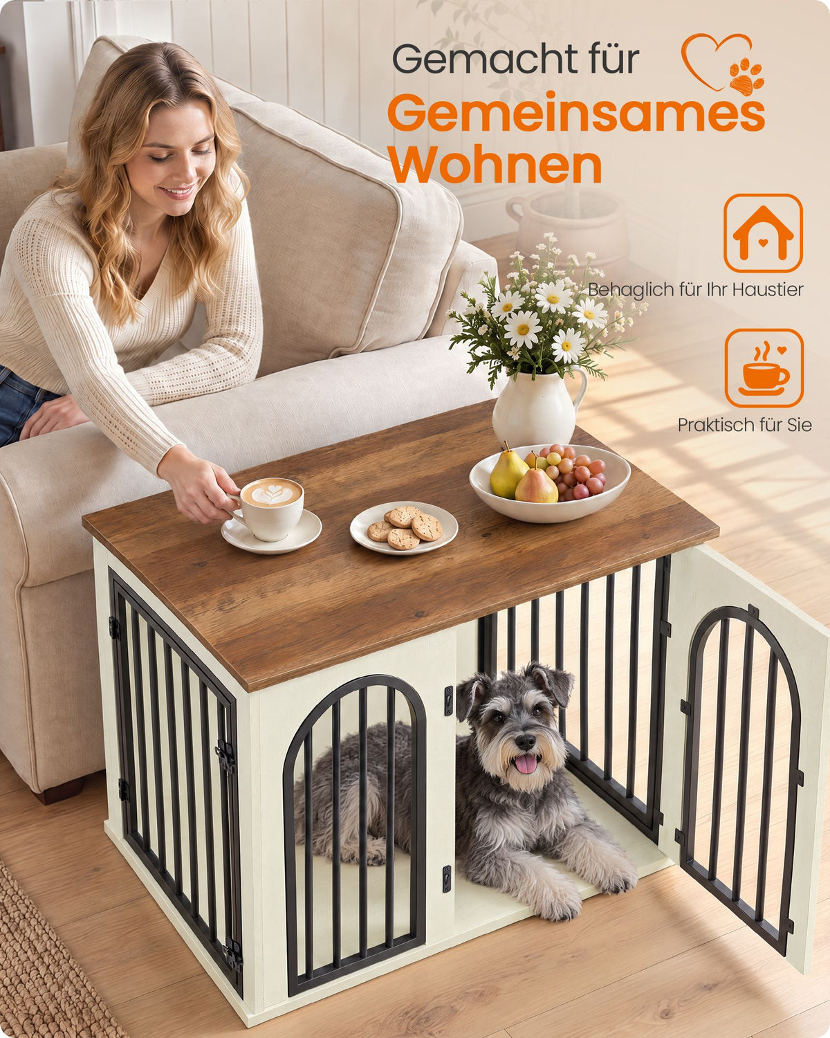 Hondenbench Meubel – 3 Deuren – Ook als Bijzettafel – 80 x 55 x 60 cm – Honingbruin en Vintage Wit