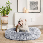 Fluffy hondenbed met donutkussen ombré grijs