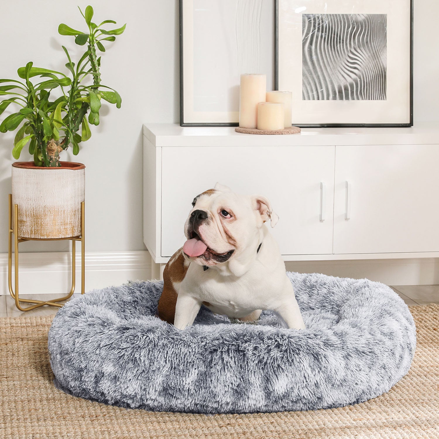 Fluffy hondenbed met donutkussen ombré grijs