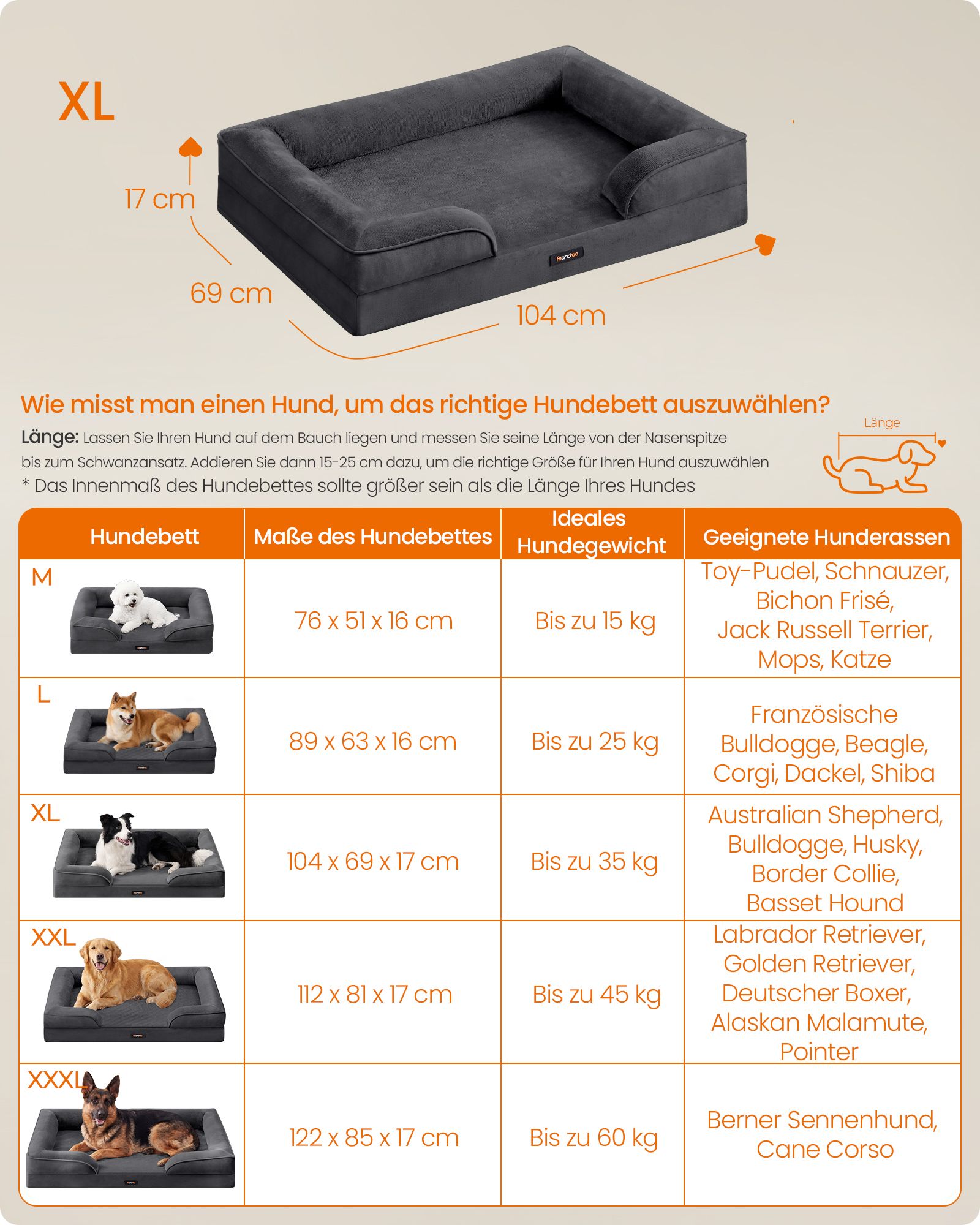Hondenmand - Orthopedisch en Wasbaar - Met Verhoogde Randen - Leigrijs - 104 x 69 x 17 cm