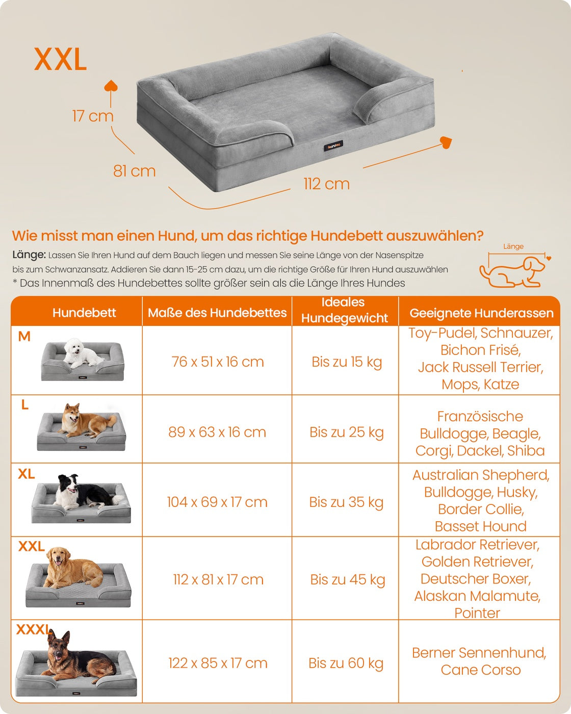 Orthopedisch Hondenbed - 112 x 81 cm - Verhoogde Rand - Wasbare Hoes - Grijs