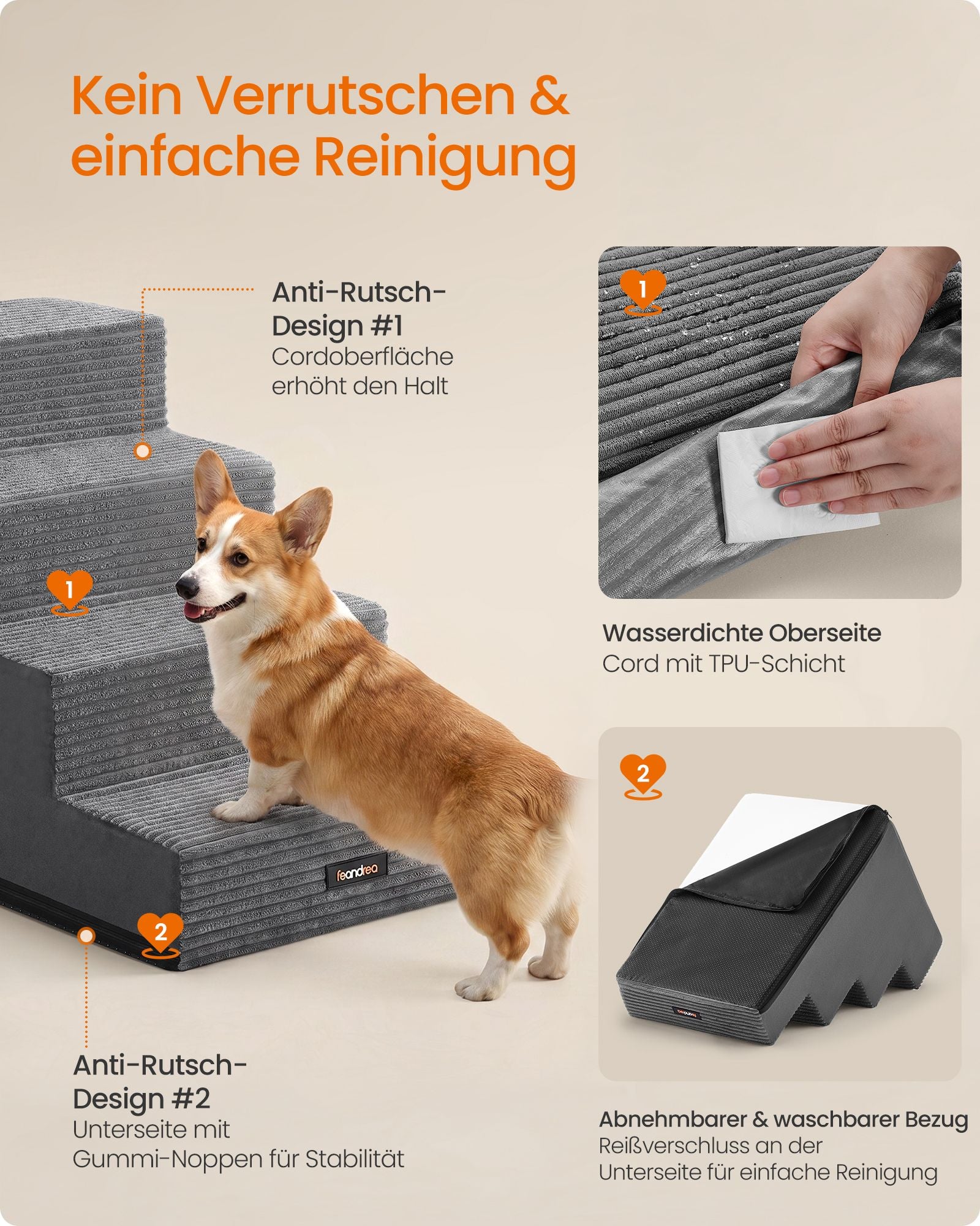 Hondentrap - Met Antislip Treden - Voor Kleine Honden - Loodgrijs - 62 x 40 x 44 cm