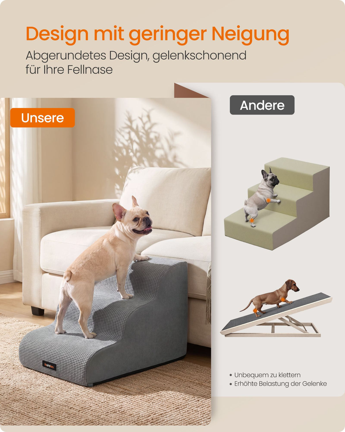 Hondentrap – 3 Treden – Schuim – Waterdicht en Antislip – Afwasbare Hoes – Duifgrijs