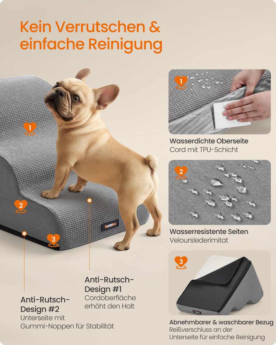 Hondentrap – 3 Treden – Schuim – Waterdicht en Antislip – Afwasbare Hoes – Duifgrijs