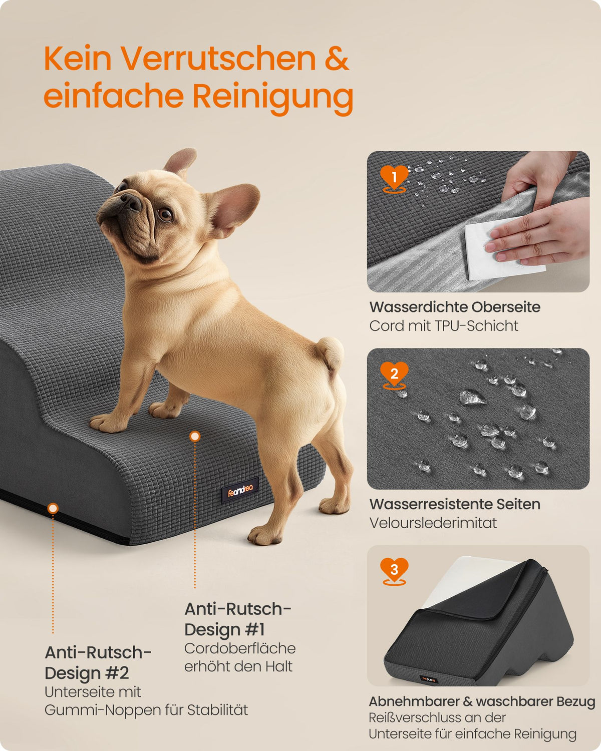 Hondentrap – 3 Treden – Schuim – Waterdicht en Antislip – Afwasbare Hoes – Leigrijs