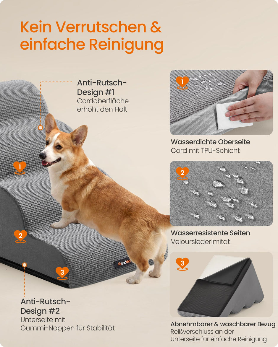 Hondentrap – 4 Treden – Schuim – Waterdicht en Antislip – Afwasbare Hoes – Duifgrijs