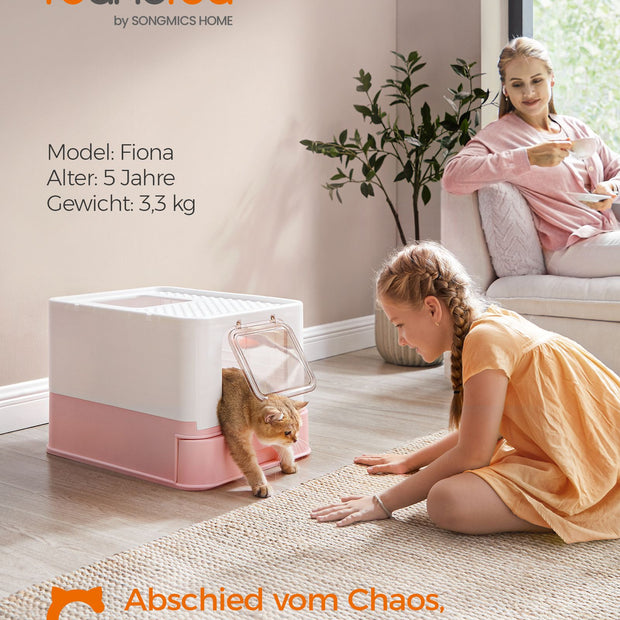 Kattenbak met deksel en schepje ruim wit-pastelroze