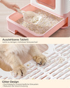 Kattenbak – met deksel en schepje – ruim – wit-pastelroze