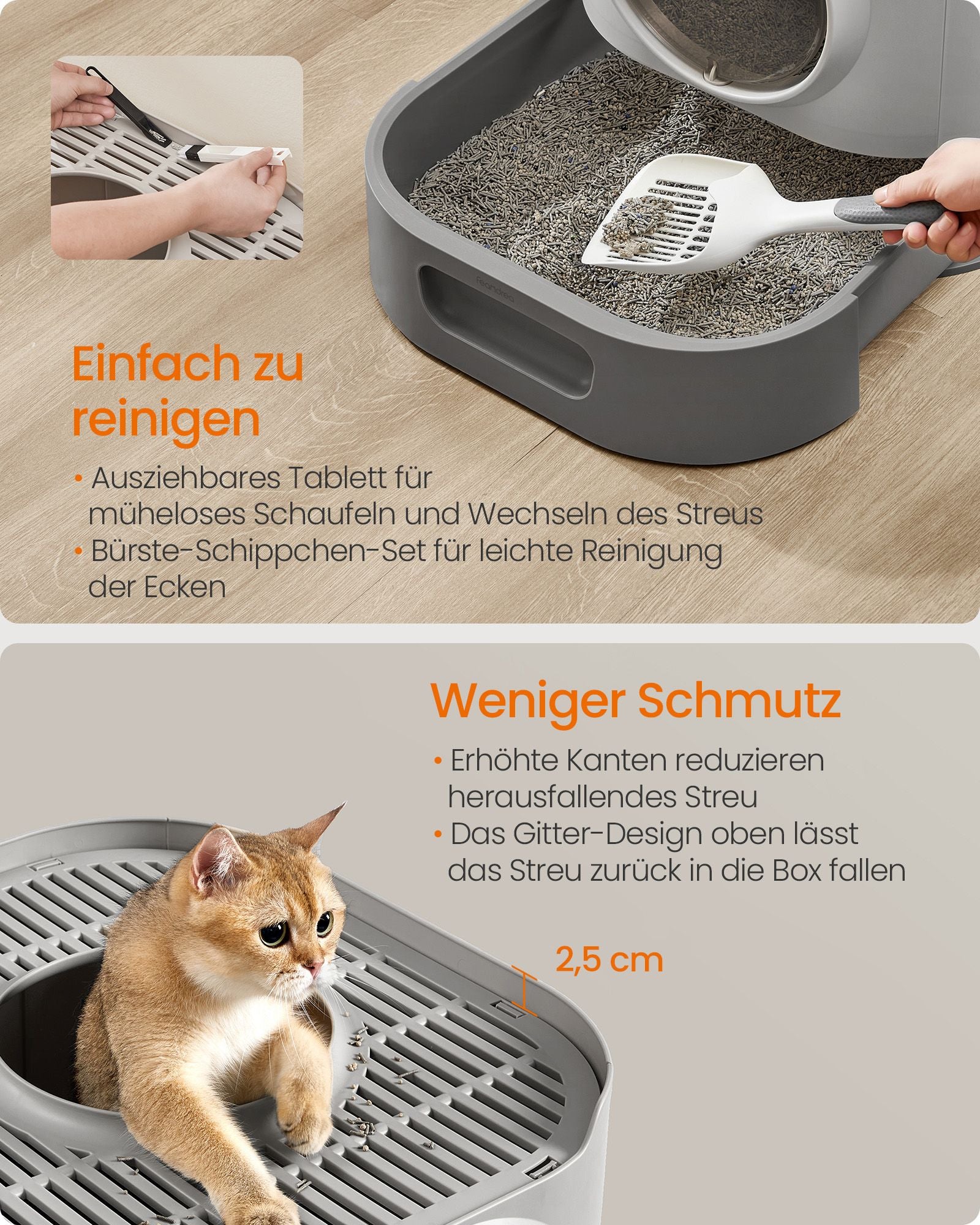 Kattenbak met deksel en uittrekbare bak duifgrijs-leigrijs