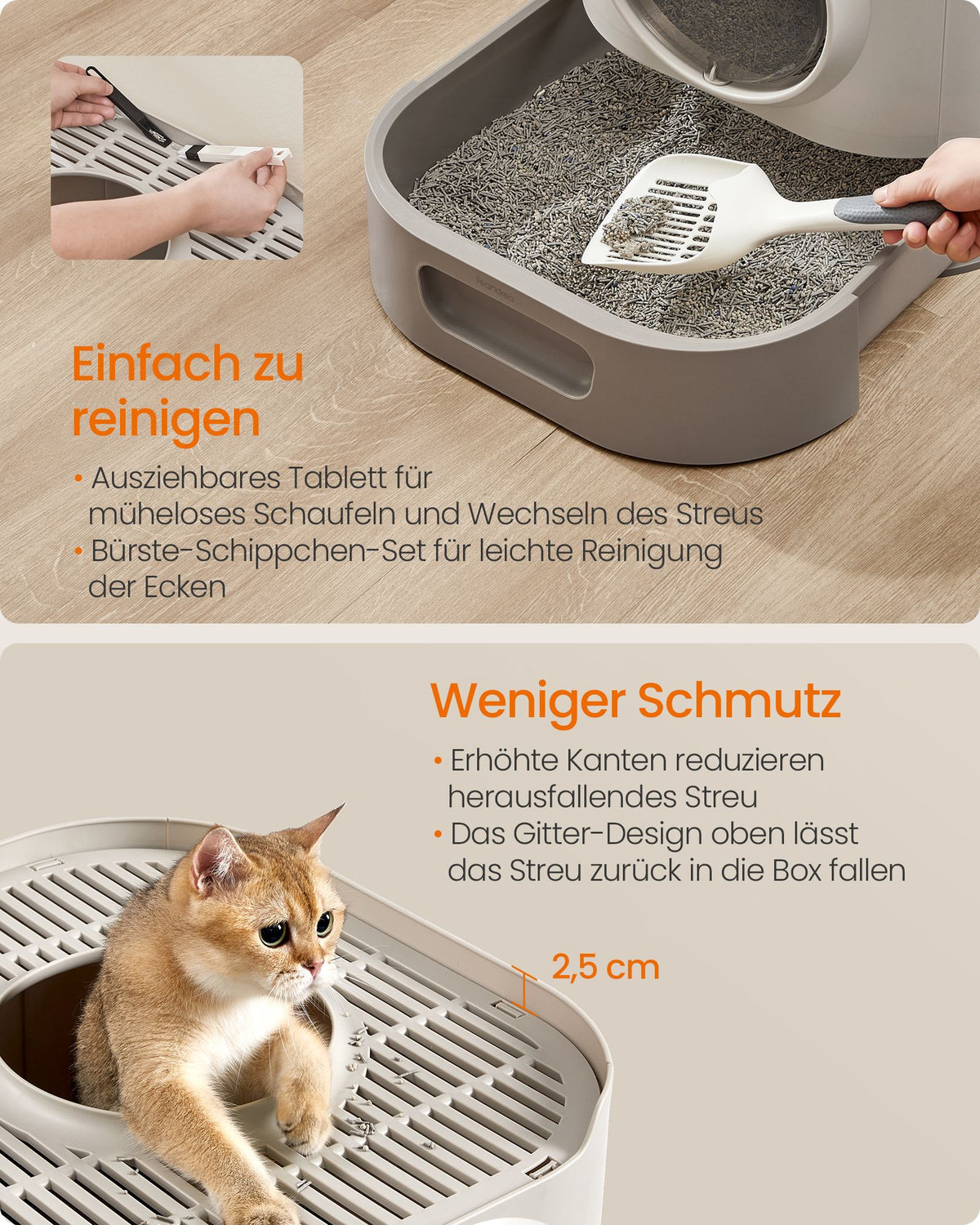 Kattenbak met Deksel – XXL – Uittrekbare Lade – Inclusief Schepje en Borstel – Havermout Warmgrijs