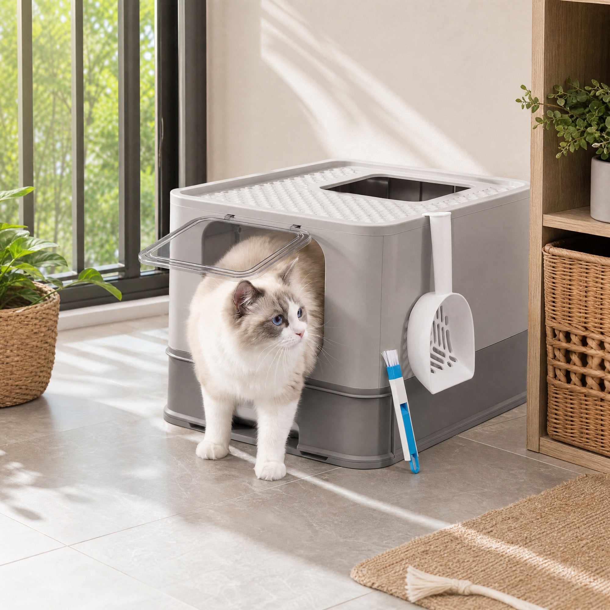 Kattenbak met Lade - Roestvrij Staal - 2 Ingangen - Met Schepje - Lichtgrijs