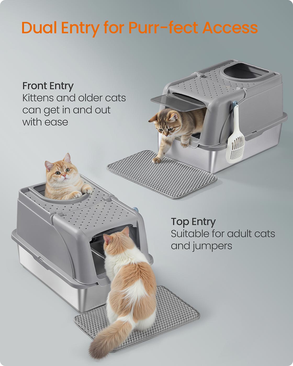 Kattenbak – Roestvrij staal met schepje en borstel – Duifgrijs