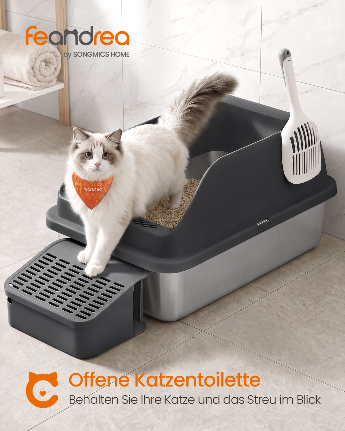 Kattenbak - Van Roestvrij Staal - Met Hoge Rand en Schep - Inktzwart - 61 x 41 x 30,2 cm