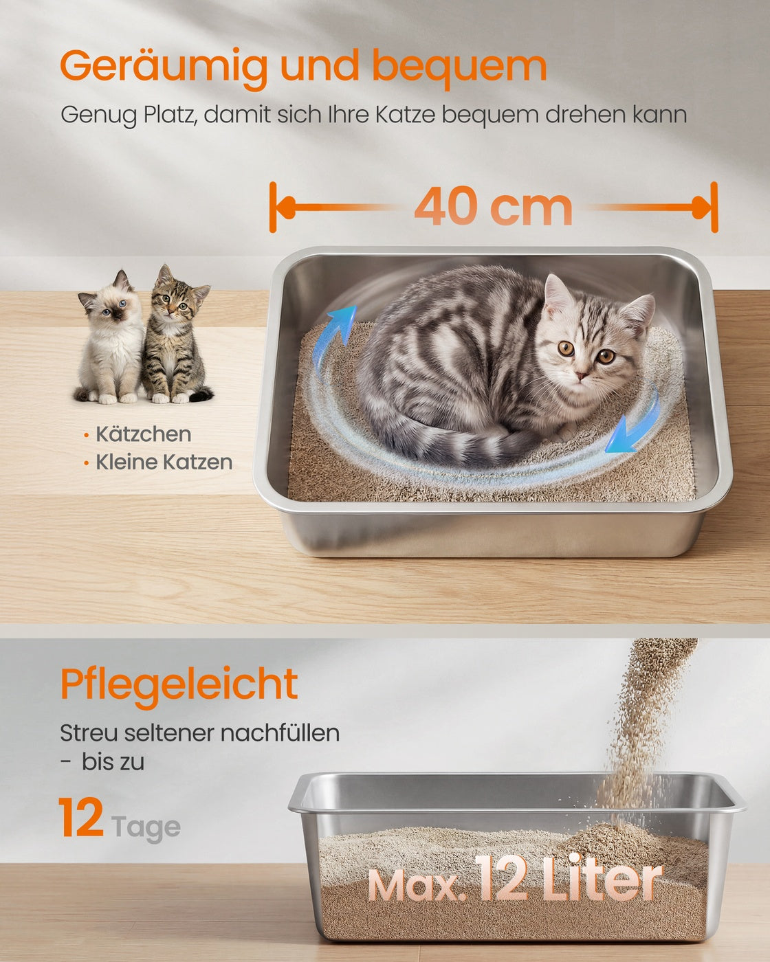 Kattenbak - 40 x 30 x 10 cm - Roestvrij staal - Zilver - Geschikt voor kittens en kleine katten