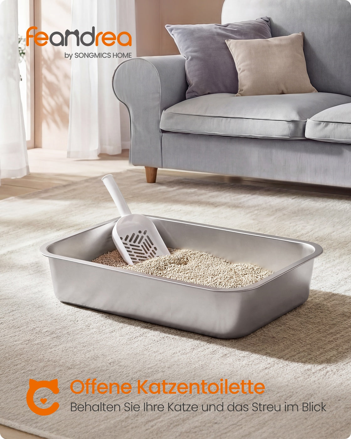 Kattenbak - 50 x 35 x 15 cm - roestvrij staal - zilver - voor middelgrote en grote katten