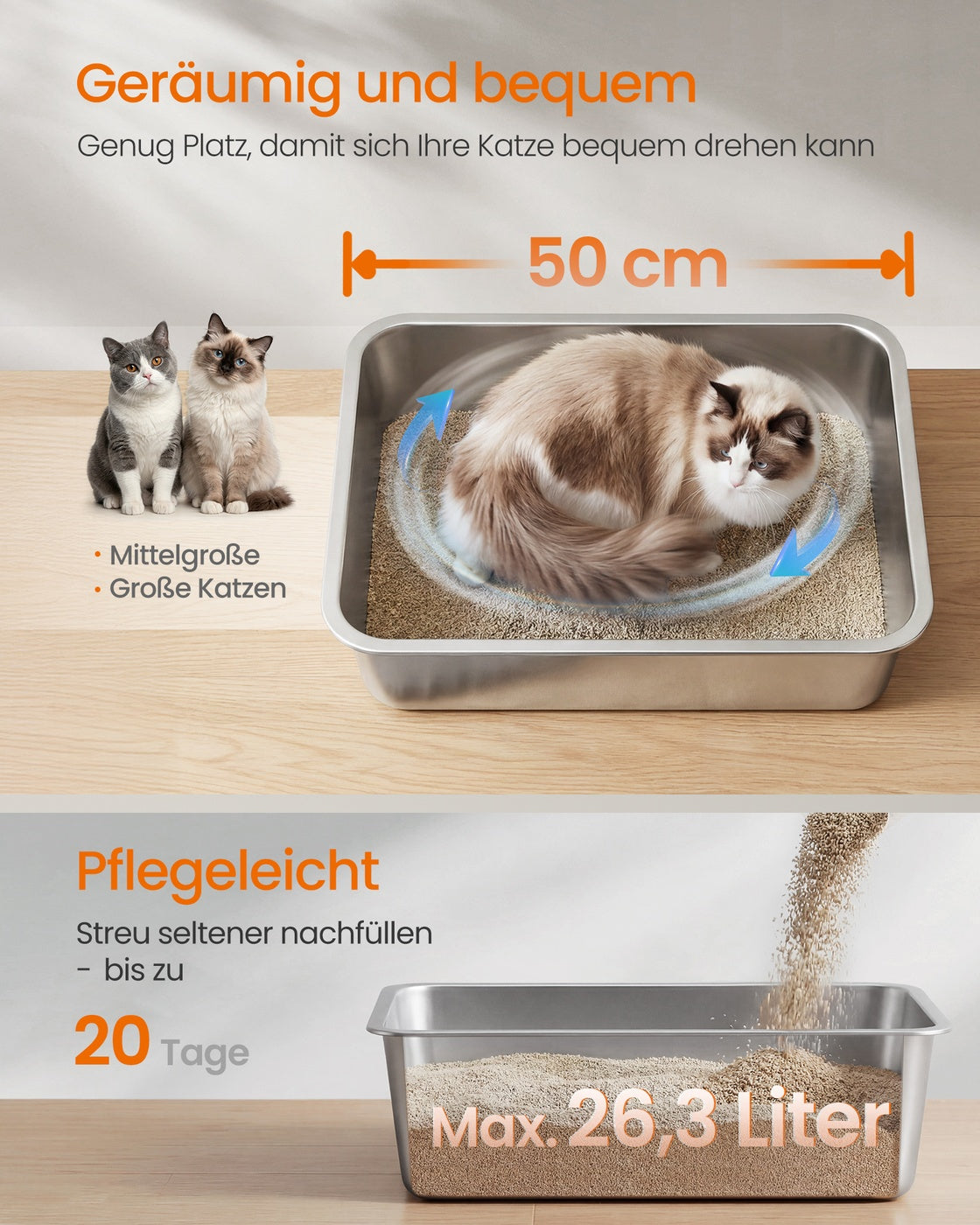Kattenbak - 50 x 35 x 15 cm - roestvrij staal - zilver - voor middelgrote en grote katten