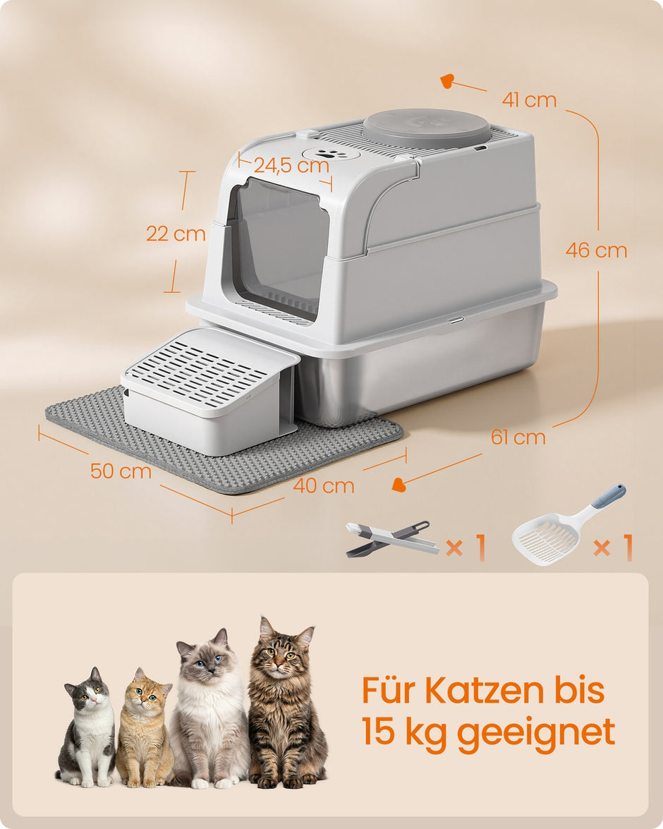 Gesloten Kattenbak - Roestvrij Staal - 2 Ingangen - Met Schepje - Zilvergrijs