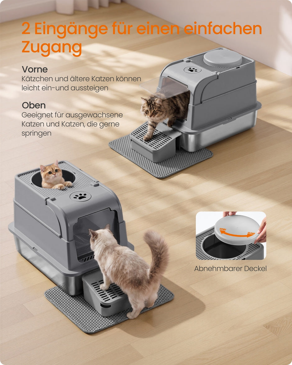 Gesloten Kattenbak - Roestvrij Staal - 2 Ingangen - Met Schepje - Duifgrijs