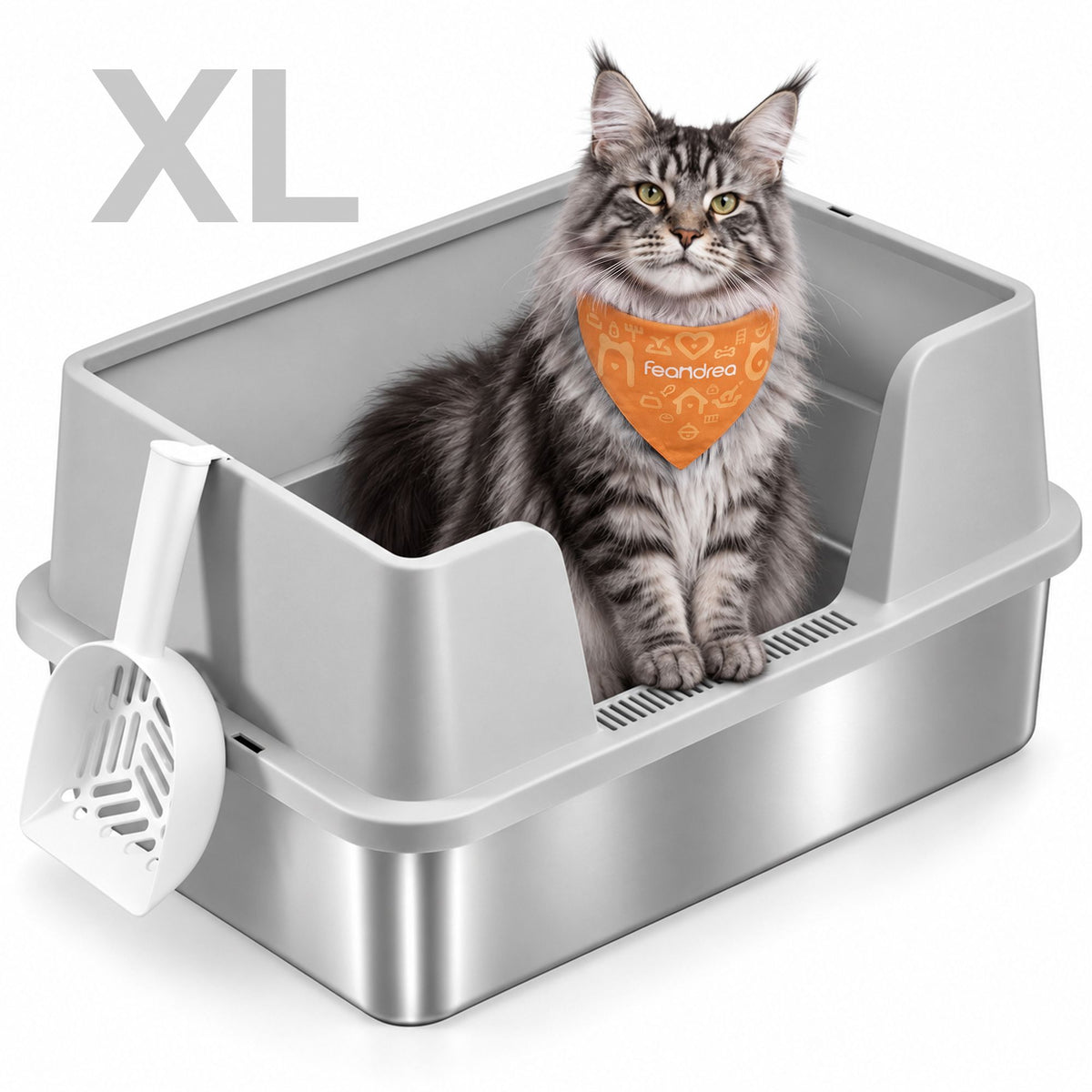 Kattenbak – Open – XXL – RVS – Hoge Rand en Lage Instap – Met Schepje – Lichtgrijs