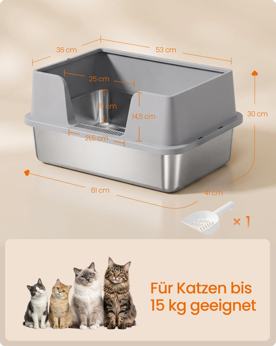 Kattenbak – Open – XXL – RVS – Hoge Rand en Lage Instap – Met Schepje – Lichtgrijs